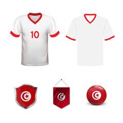 Set of T-shirts and flags of the national team of Tunisia. Vector illustration.