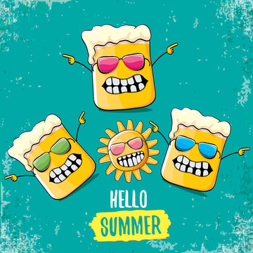 vector cartoon funky beer glass character and summer sun isolated on azure background. Hello summer text and funky beer concept illustration. Funny cartoon smiling friends.