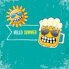 vector cartoon funky beer glass character and summer sun isolated on azure background. Hello summer text and funky beer concept illustration. Funny cartoon smiling friends.