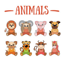 Animal set. Lion, sheep, pig, dog, cat, tiger, caw, horse, pet, wild, farm. Cartoon illustrations for kids