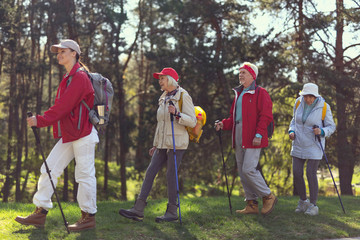 I love walking. Delighted cheerful guide smiling and her hikers following her one by one