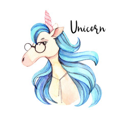 Hand drawn watercolor illustration.Cute hipster unicorn with blue hair. Perfect for invitations, greeting cards, prints, posters