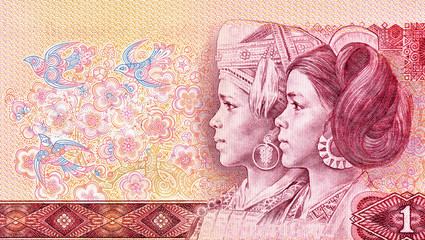 Dong and Yao women portrait on China 1 yuan (1980) banknote closeup. Chinese money.
