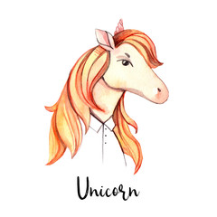 Hand drawn watercolor illustration.Cute unicorn with orange hair. Perfect for invitations, greeting cards, prints, posters