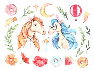 Hand drawn watercolor illustration. Cute hipster unicorns with flowers, green branches, star, air balloon etc. Perfect for invitations, greeting cards, prints, posters