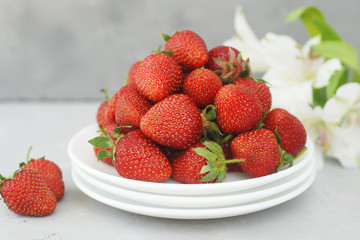 Juicy Fresh Strawberries White Plates Textured Cement Background Summer Fruit Vitamine Fresh Organic diet