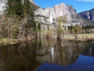 Fototapeta na wymiar Yosemite Waterfall reflected on the surface of a lake, US National Park