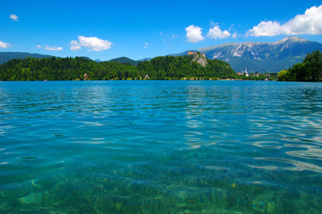 Lake Bled and mountains.