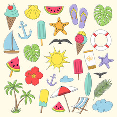 Set of summer icons in retro style. Vector.