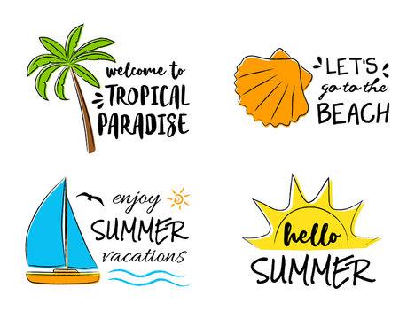 Collection of hand drawn summer icons with funny text. Vector.