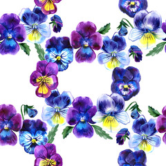 Watercolor illustration of Violet flowers. Seamless pattern. Watercolor Pansies. background of beautiful watercolor pansy.