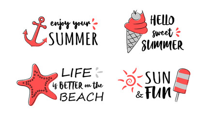 Vibrant summer calligraphy with sunny sketch. Vector.