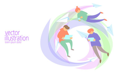 People chat messaging online concept. Diverse man surfing network flying web. Paper plane internet tablet mail letters flat cartoon 3d color gadget characters vector illustration