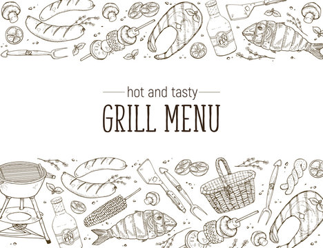 BBQ and grill banner with sketch objects isolated on white background. Hand drawn barbecue elements around decorative text. Grill menu design template.