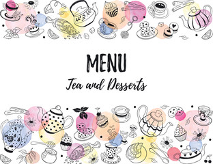 Horizontal border from tea time doodle elements. Hand drawn tea vector frame. Teapots, cups, cupcakes and sweets with watercolor circles on white background. Menu design template.