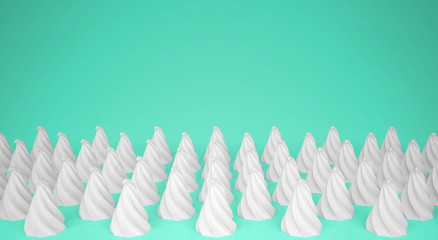 Flat colorful pop art composition with white party cupcakes, bakery goodies, on turquoise background, pattern texture copy space