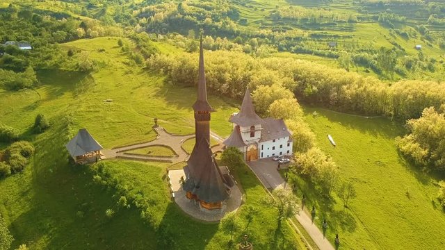 Aerial view over the wooden church in Ieud, Maramures