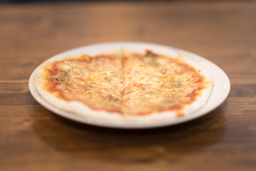 Pizza with cheese and garlic on a white plate and wooden background