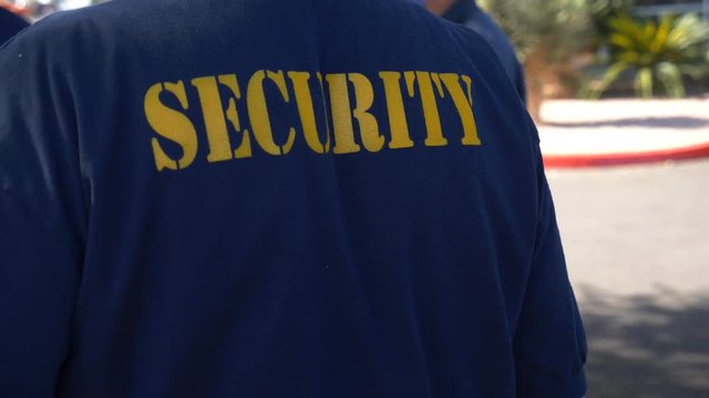 A security guard on patrol, from behind