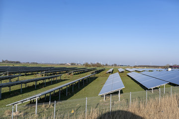 Ein Solarfeld mit Windrädern im Hintergrund