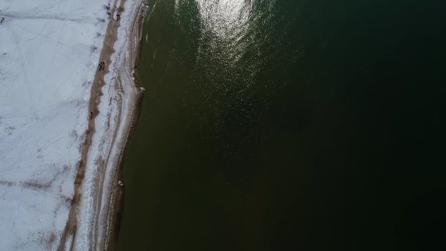flight over sea shore at winter