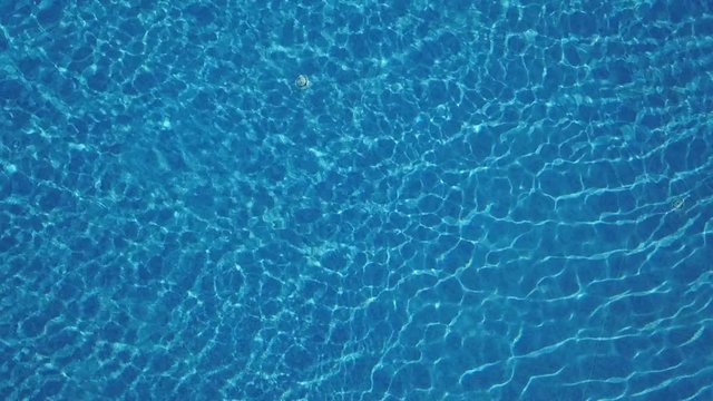 Pure blue water in the swimming pool with light reflections. Aerial footage. Slow motion