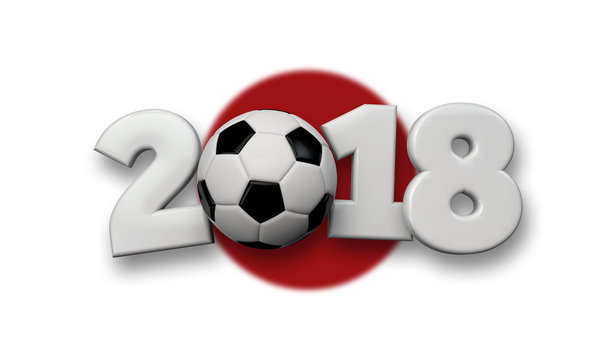 football 2018 concept. White text with soccer ball on a Japan flag background. 3D Rendering