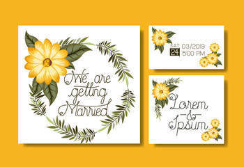 wedding and married invitation set cards with garlands vector illustration