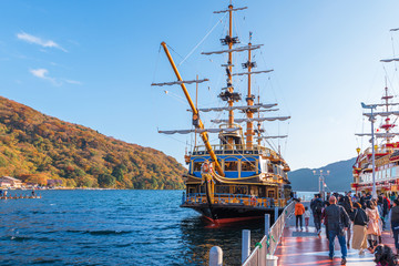Fototapeta na wymiar Hakone pirate ship on the Ashi lake, Hakone, Japan. Copy space for text.