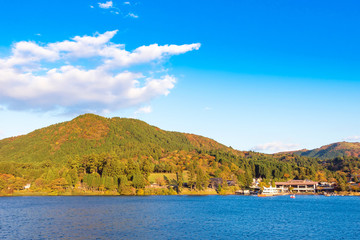 View of the landscape at lake Ashi in Hakone, Japan. Copy space for text.