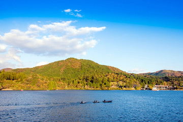 View of the landscape at lake Ashi in Hakone, Japan. Copy space for text.