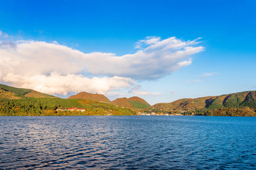 View of the landscape at lake Ashi in Hakone, Japan. Copy space for text.