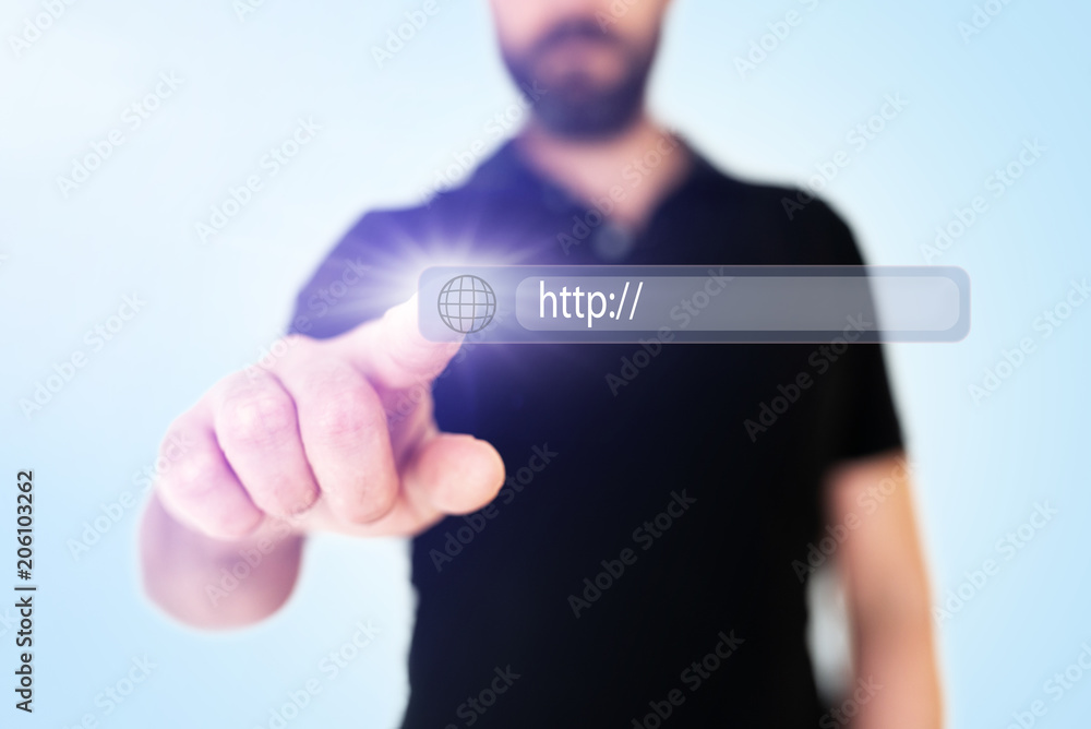Poster businessman touching browser address bar with globe icon on translucent interface, digital composite
