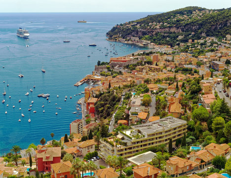 Overlook of the resort community of Villefranche-sur-Mer on the Mediterranean Cote d'Azur near Nice, France