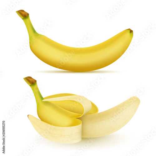 Vector 3d Realistic Tropical Banana Set Yellow Exotic Sweet