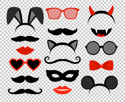 Funny masks. Masquerade mask set, glasses and mustache, rabbit and mouse ears, teeth, lips and horns