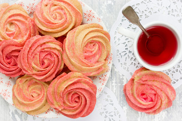 Homemade marshmallow, pink yellow swirl meringue cookies