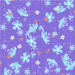 Cute abstract seamless pattern with small colorful flowers on the dark blue background. Summer floral vector illustration. Template for fashion prints, textile,fabric, wrapping gift paper.