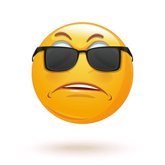 Sad emoticon face in sunglasses. Angry smiley. Hurt and sad emoji. Vector illustration