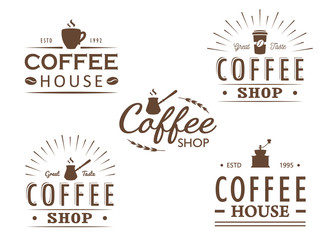 Set of vintage Coffee logo templates, badges and design elements. Logotypes collection for coffee shop, cafe, restaurant. Vector illustration. Hipster and retro style. - 206107864