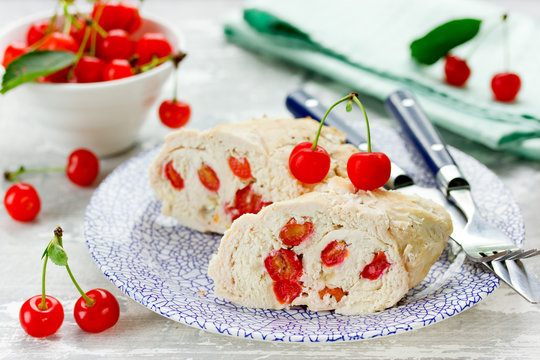 Chicken roll stuffed with cherry - steamed chicken breast roll with red cherries for dietary nutrition