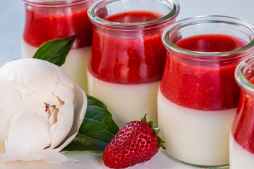 Light milk, dietary dessert with strawberries. Panna cotta. The concept of a healthy diet.