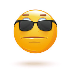 Indifferent emoticon face in sunglasses. Neutral expressionless emoji. Vector illustration