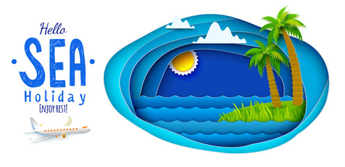 Paper art and craft style. Sun, sea, palm and aircraft is flying to rest. Vector Paper art cut out illustration. Tropic landscape for travel, vacation, adventure banners. Sea holidays lettering