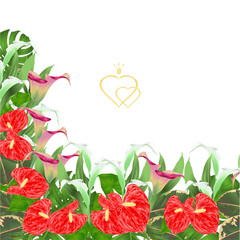 Floral border festive background with blooming lilies Cala and anthurium, palm,philodendron and ficus vector Illustration for use in interior design greeting cards