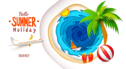 Paper art and craft style. Sun, sea, palm, flip-flops and aircraft is flying to rest. Vector Paper art cut out illustration. Tropic landscape for travel, vacation, adventure banners. Summer lettering