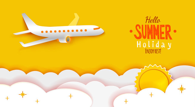 Airplane aerial view paper art cut out on yellow sky background with sun and clouds. Vector illustration for web or print banner. Flight aircraft concept. Enjoy Summer holidays text greetings