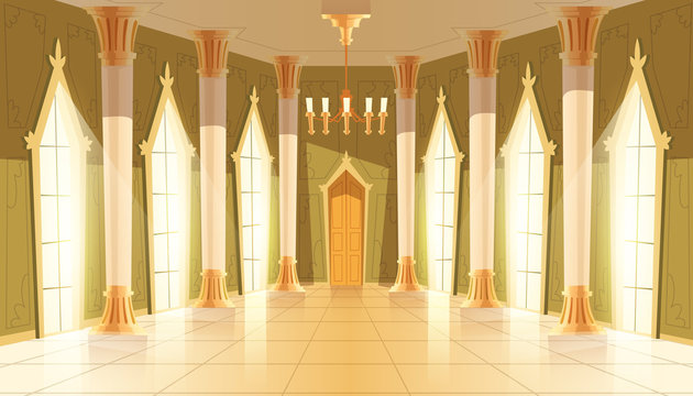 Vector castle hall, interior of ballroom for dancing, presentation or royal reception. Big room with chandelier, columns, pillars in luxury medieval palace. Fantasy, fairy tale or game background