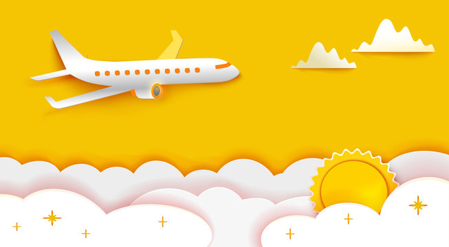 Airplane aerial view paper art cut out on yellow sky background with sun and clouds. Vector illustration for web or print banner. Flight aircraft concept