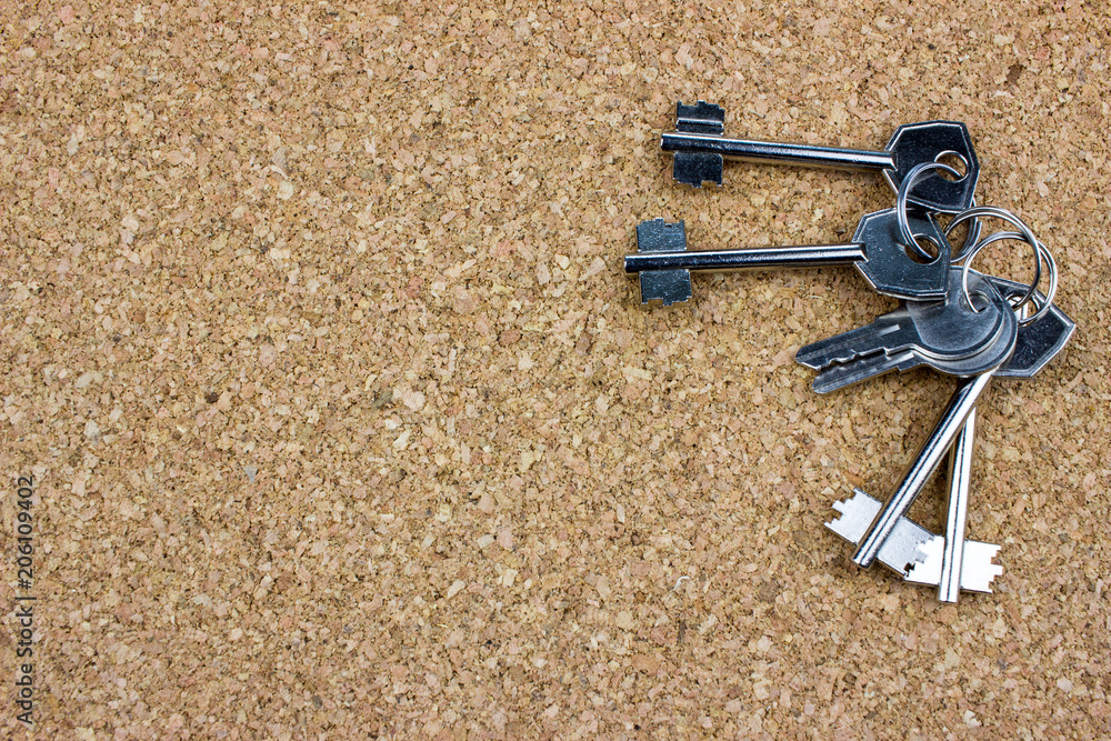 Poster many different keys in oder on a cork background concept. empty space for text and design